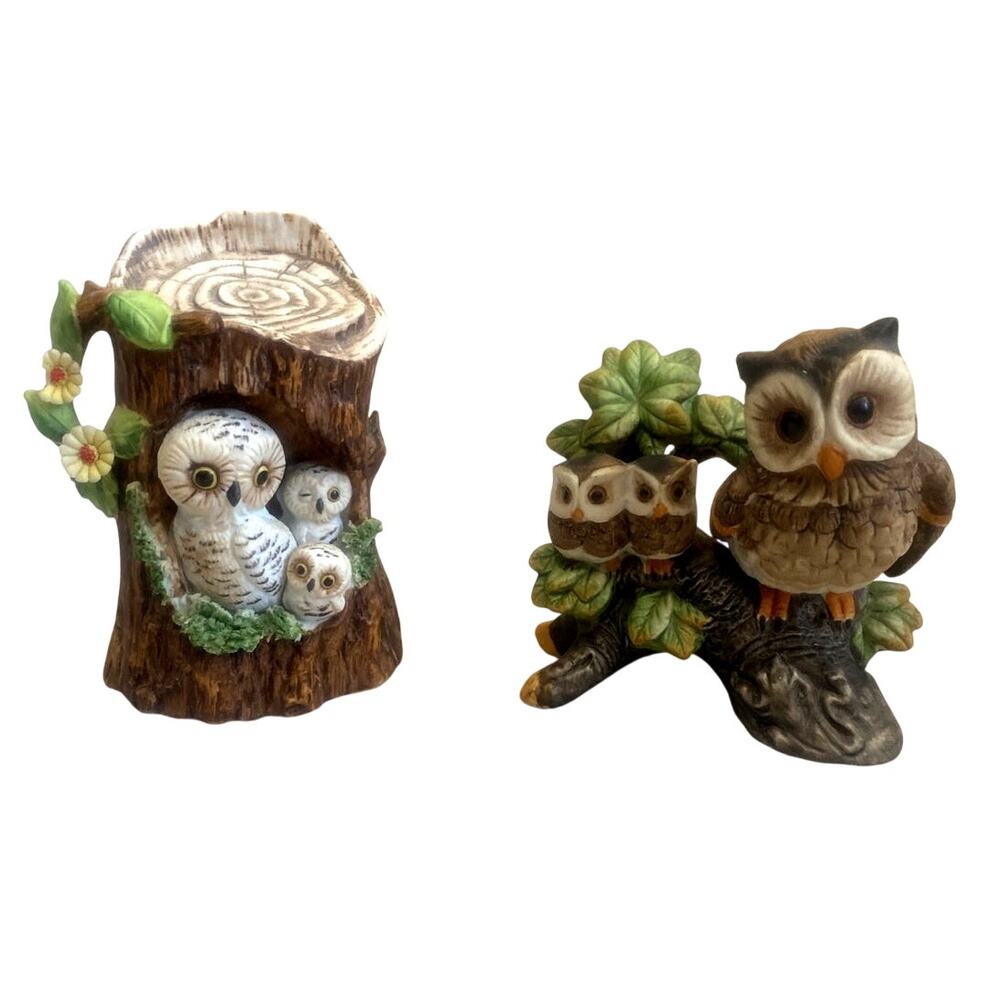 Vintage Owl Figurine Set Enesco & Ardco Porcelain Bird Decor Retro Woodland